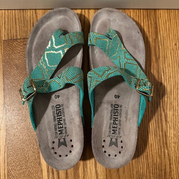 Mephisto aqua and gold snakeskin leather sandals with cork footbed, EU size 40 - Picture 1 of 4